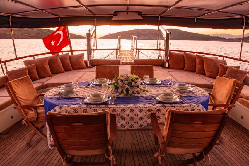 Aegean Pearl Gulet, Rear Deck Dining, With Amazing Views.