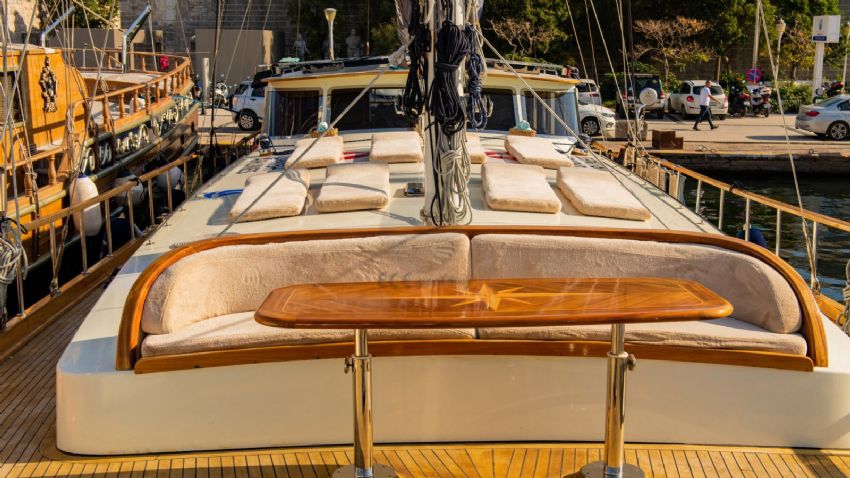 Aegean Pearl Gulet, Front Deck Seating Space.