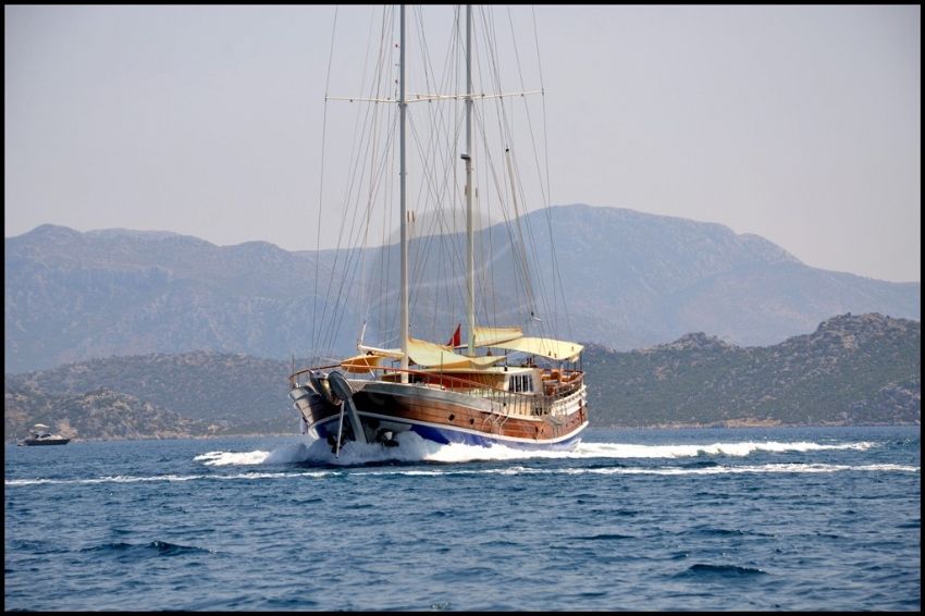 C T 2 Gulet Yacht, Waves Crash At The Bow.