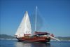 KY Yacht, Aft Port View With Sails Up.