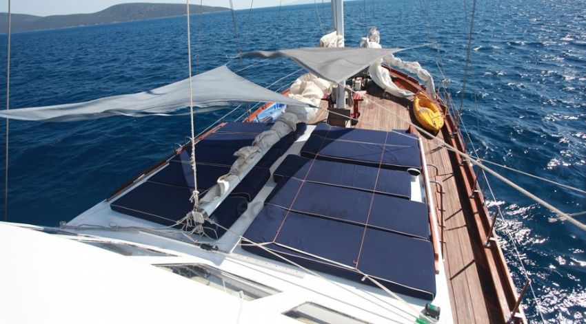 Seher 1 Gulet Yacht, Bow Aerial View.